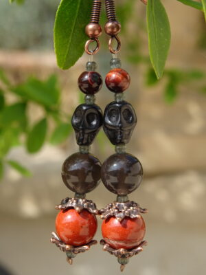 Boucles d’oreille tête de mort – jaspe rouge – obsidienne
