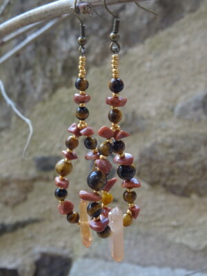 Boucles d’oreille pierre de soleil – œil de tigre – cristal de roche