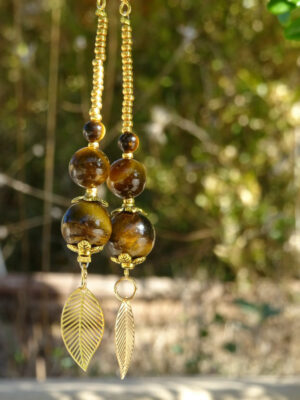 Boucles d’oreille pierre œil de tigre feuille