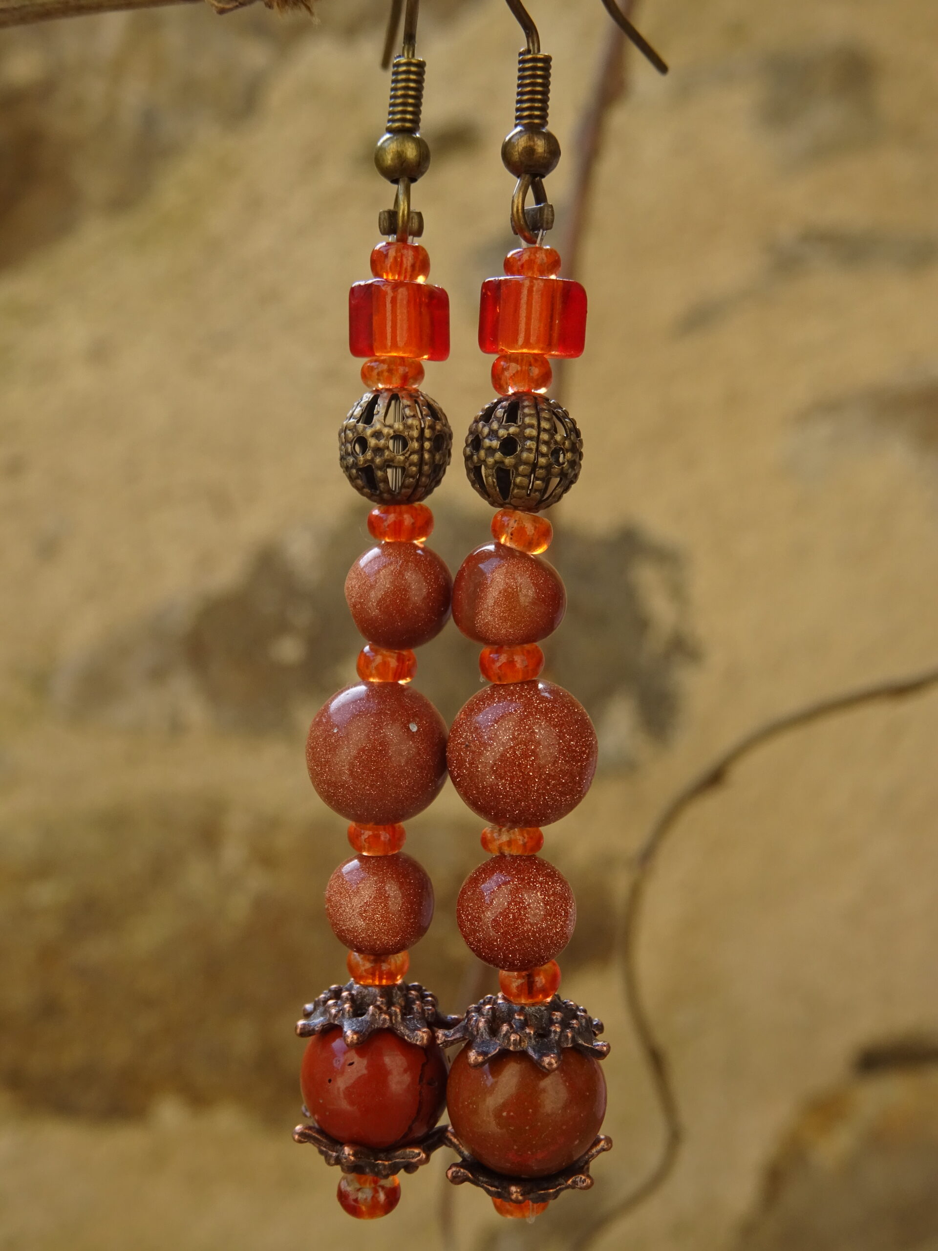 Boucles d’oreille pierre de soleil & jaspe rouge