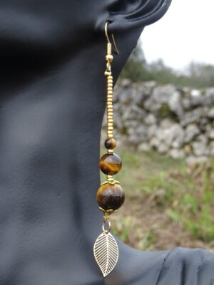 Boucles d’oreille pierre œil de tigre feuille