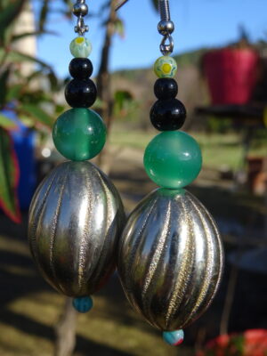 Boucles d’oreille aventurine & perle métal