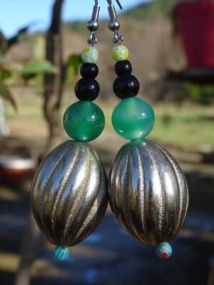 Boucles d’oreille aventurine & perle métal