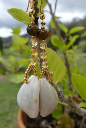 Boucles d’oreille coquillage, citrine & œil de tigre
