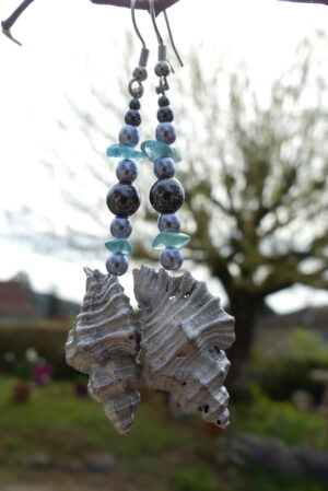 Boucles d’oreille coquillage argenté, hématite & apatite