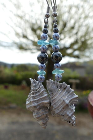 Boucles d’oreille coquillage argenté, hématite & apatite