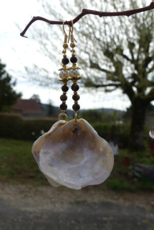 Boucles d’oreille nacre blanc-rose et œil de tigre