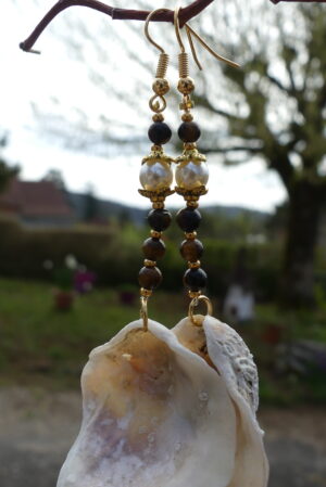 Boucles d’oreille nacre blanc-rose et œil de tigre